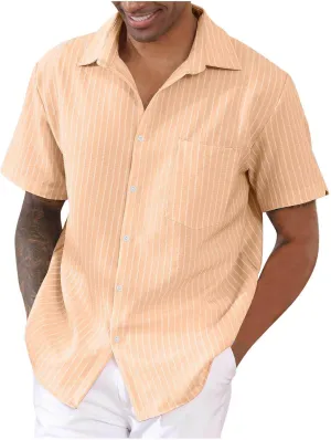 Linen Shirt for Men Summer Vacation Beach Short Sleeve Striped Button Down Casual Hawaiian Shirt