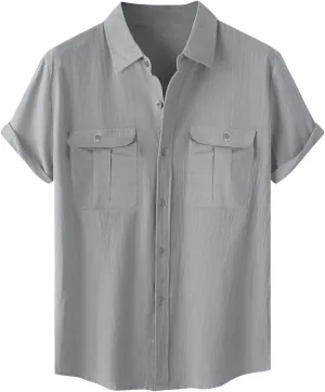 Linen Shirts for Men Short Sleeve Button Down Shirt Summer Vacation Clothes Hawaiian Beach Tops Hawaiian Work Shirt