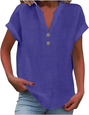 Linen Shirts for Women 2025 Summer Casual V Neck Button Down Short Sleeve Tops Trendy Comfy Business Work Blouses