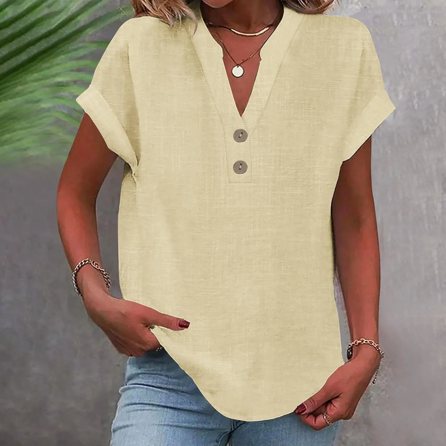 Linen Shirts for Women 2025 Summer Casual V Neck Button Down Short Sleeve Tops Trendy Comfy Business Work Blouses