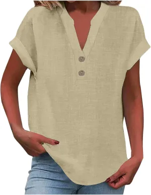 Linen Shirts for Women 2025 Summer Casual V Neck Button Down Short Sleeve Tops Trendy Comfy Business Work Blouses