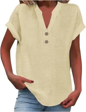 Linen Shirts for Women 2025 Summer Casual V Neck Button Down Short Sleeve Tops Trendy Comfy Business Work Blouses