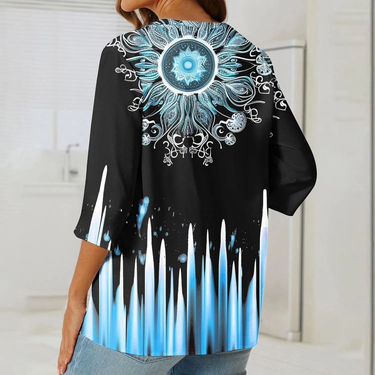 Linen Shirts for Women Boho Floral Shirt Button V Neck T Shirts Summer Vacation 3/4 Sleeve Tops Trendy Fashion Tops
