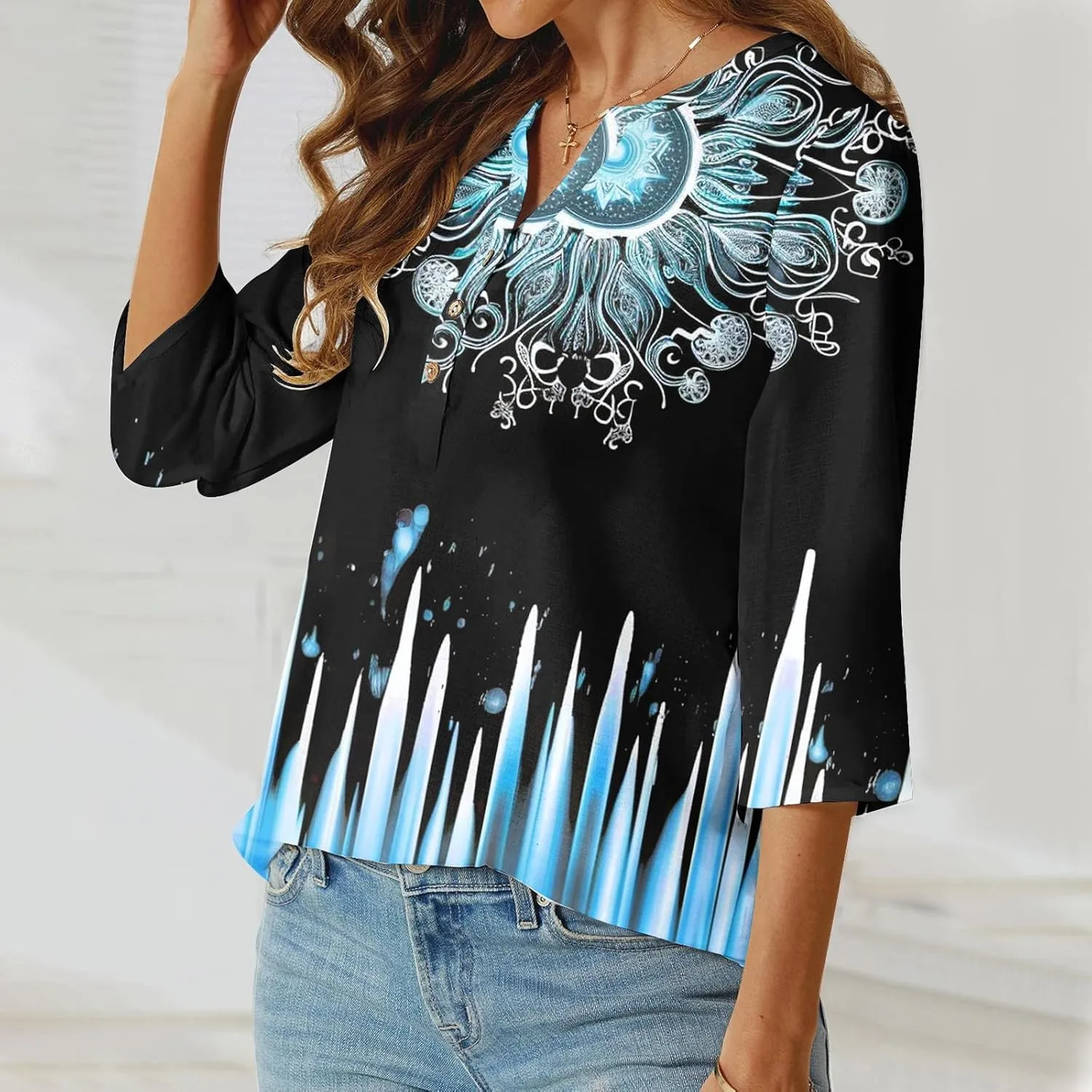 Linen Shirts for Women Boho Floral Shirt Button V Neck T Shirts Summer Vacation 3/4 Sleeve Tops Trendy Fashion Tops