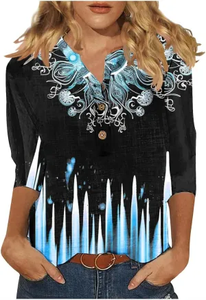 Linen Shirts for Women Boho Floral Shirt Button V Neck T Shirts Summer Vacation 3/4 Sleeve Tops Trendy Fashion Tops