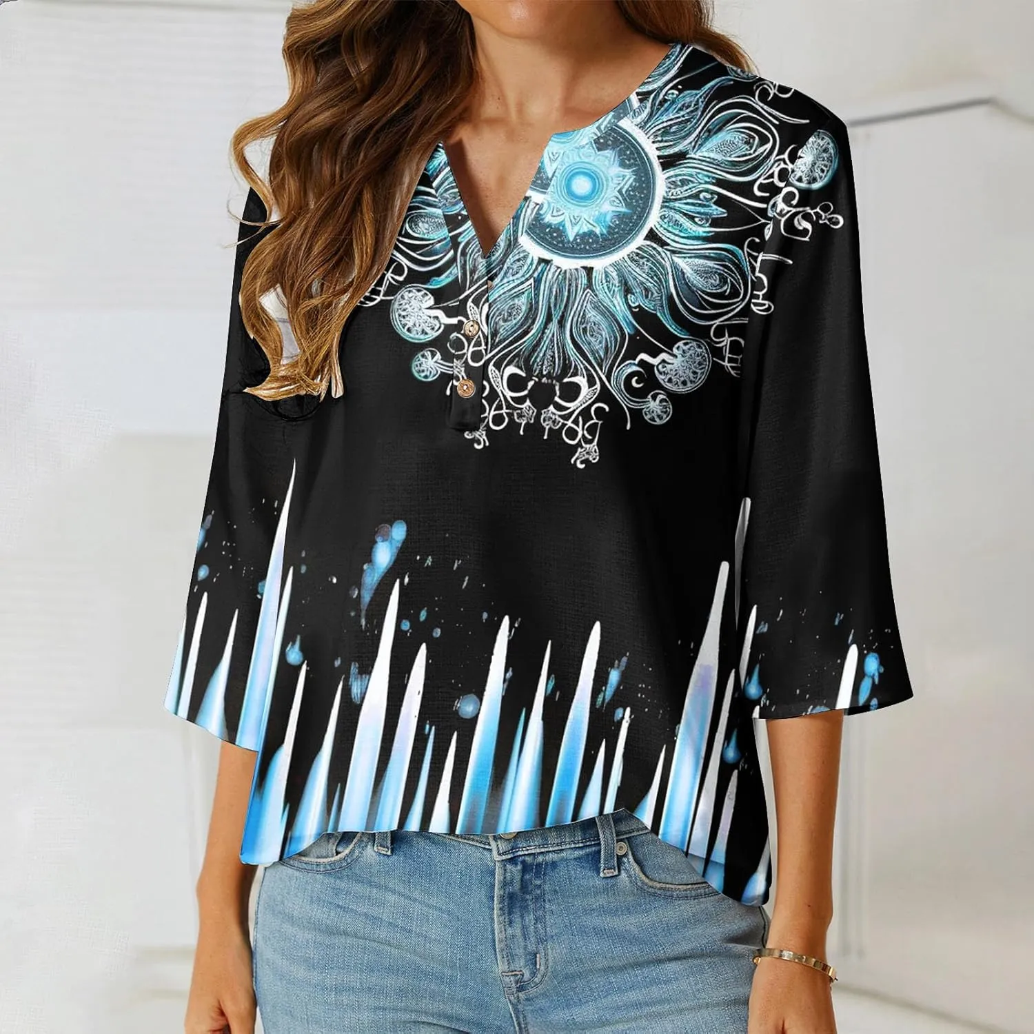 Linen Shirts for Women Boho Floral Shirt Button V Neck T Shirts Summer Vacation 3/4 Sleeve Tops Trendy Fashion Tops