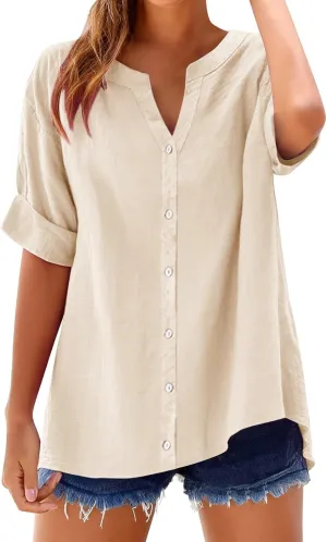 Linen Shirts for Women Button Down Shirt Gauze Cotton Short Sleeve Loose Fit Blouse Collared Casual Work Top