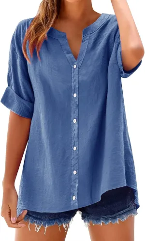 Linen Shirts for Women Button Down Shirt Gauze Cotton Short Sleeve Loose Fit Blouse Collared Casual Work Top