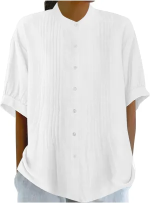 Linen Shirts for Women Casual Half Sleeve High Neck Blouses Casual Cotton Linen Lightweight Summer Boho Tops