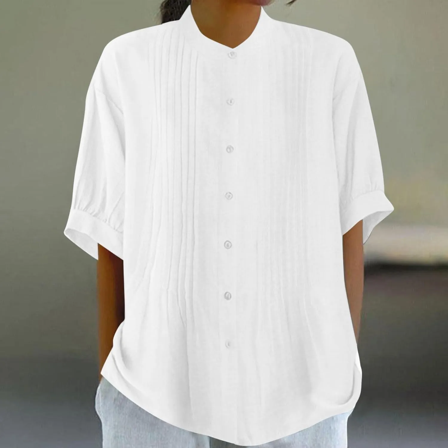 Linen Shirts for Women Casual Half Sleeve High Neck Blouses Casual Cotton Linen Lightweight Summer Boho Tops