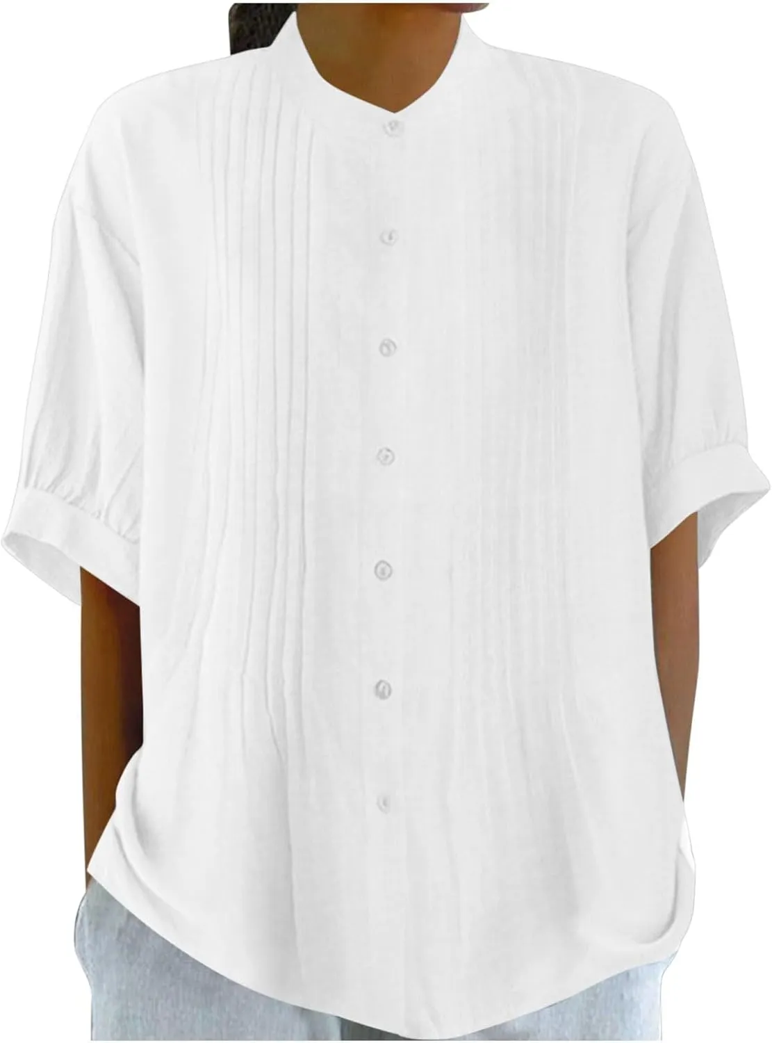 Linen Shirts for Women Casual Half Sleeve High Neck Blouses Casual Cotton Linen Lightweight Summer Boho Tops