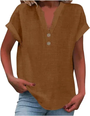 Linen Shirts for Women Cotton Button Up Shirt Short Sleeve Roll Up Loose Fit V-Neck Summer Casual Work Blouse Tops