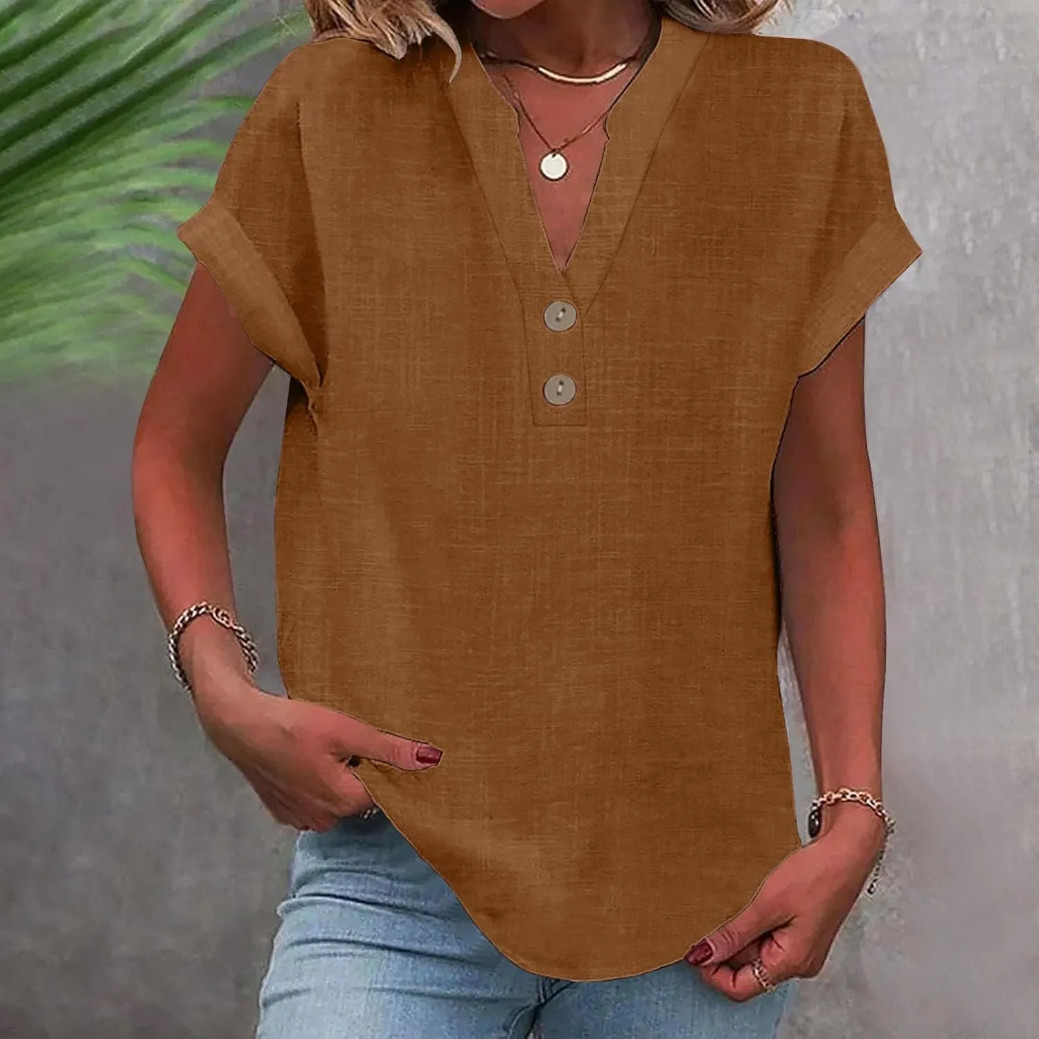 Linen Shirts for Women Cotton Button Up Shirt Short Sleeve Roll Up Loose Fit V-Neck Summer Casual Work Blouse Tops