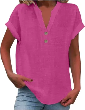 Linen Shirts for Women Summer Short Sleeve Casual Tops Henley Vacation Beach Lounge Button Lightweight Tunic Blouse