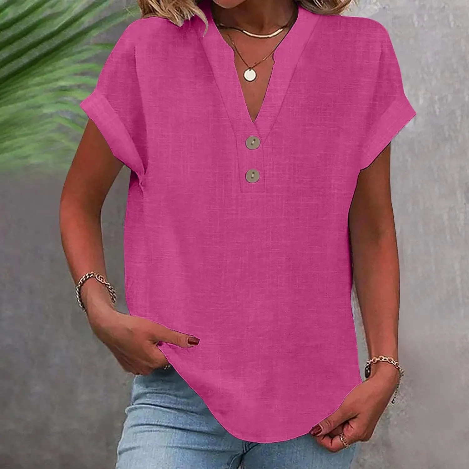 Linen Shirts for Women Summer Short Sleeve Casual Tops Henley Vacation Beach Lounge Button Lightweight Tunic Blouse