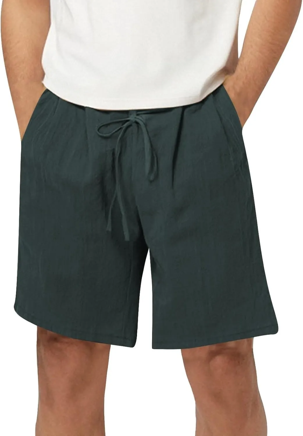 Linen Shorts for Men Elastic Waist Drawstring Shorts Relaxed Fit Summer Lightweight Pants with Pockets