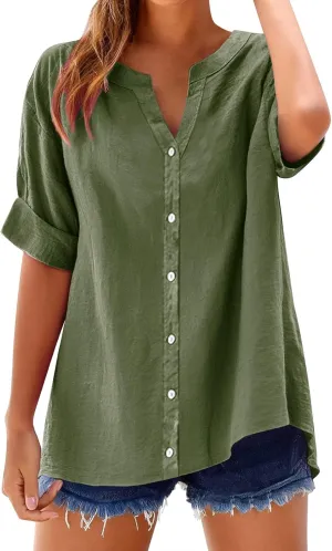 Linen Tops for Women 2025 Summer Button Down V Neck Shirts Casual Short Sleeve Loose Tshirt Cotton Linen Blouse Tees