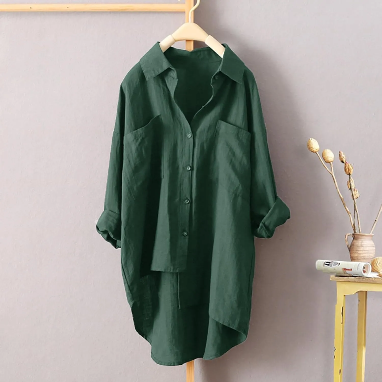 Linen Tops for Women Long Sleeve Summer Shirt Color Sleeve Collar Casual Womens Shirt Button Down Cotton Tops