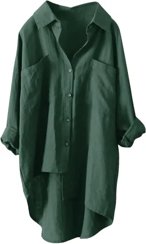 Linen Tops for Women Long Sleeve Summer Shirt Color Sleeve Collar Casual Womens Shirt Button Down Cotton Tops