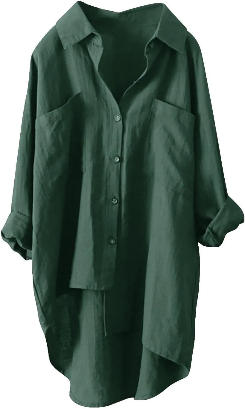 Linen Tops for Women Long Sleeve Summer Shirt Color Sleeve Collar Casual Womens Shirt Button Down Cotton Tops