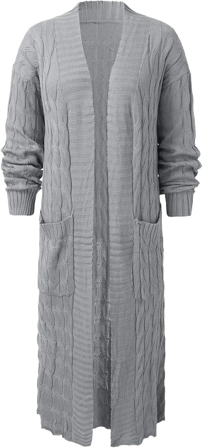 Long Cardigan for Women Long Sleeve Cable Knit Loose Plain Fall Winter Trench Coat with Pocket Autumn Outwear Spring