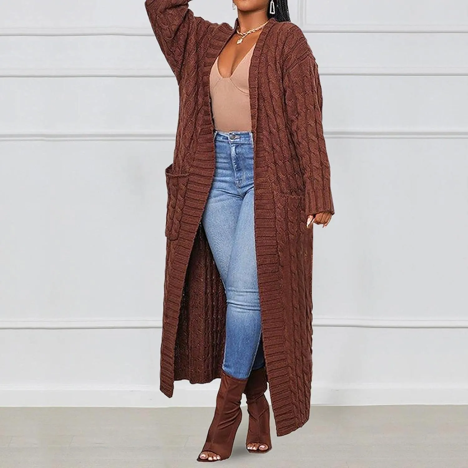 Long Cardigan for Women Long Sleeve Cable Knit Loose Plain Fall Winter Trench Coat with Pocket Autumn Outwear Spring