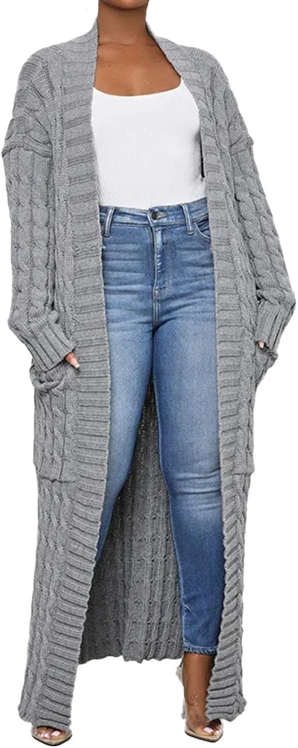 Long Cardigan for Women Long Sleeve Cable Knit Loose Plain Fall Winter Trench Coat with Pocket Autumn Outwear Spring