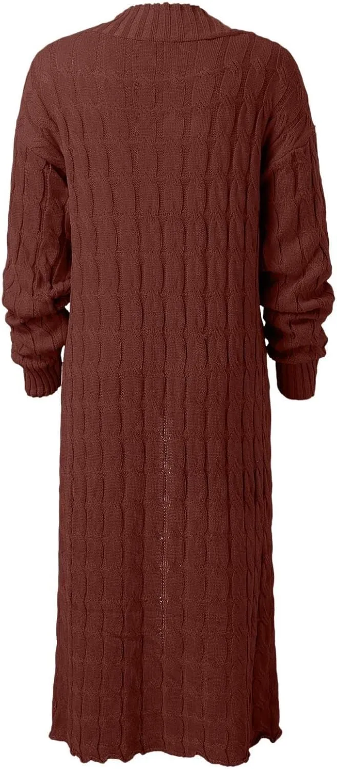 Long Cardigan for Women Long Sleeve Cable Knit Loose Plain Fall Winter Trench Coat with Pocket Autumn Outwear Spring