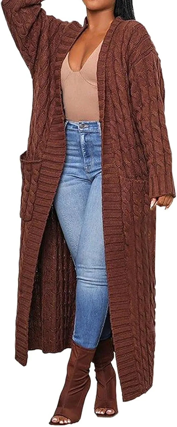 Long Cardigan for Women Long Sleeve Cable Knit Loose Plain Fall Winter Trench Coat with Pocket Autumn Outwear Spring