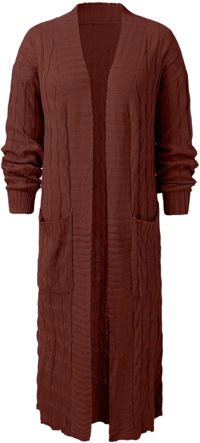 Long Cardigan for Women Long Sleeve Cable Knit Loose Plain Fall Winter Trench Coat with Pocket Autumn Outwear Spring