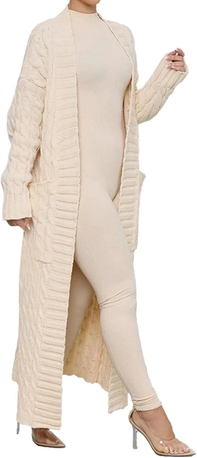 Long Cardigan for Women Long Sleeve Cable Knit Loose Plain Fall Winter Trench Coat with Pocket Autumn Outwear Spring