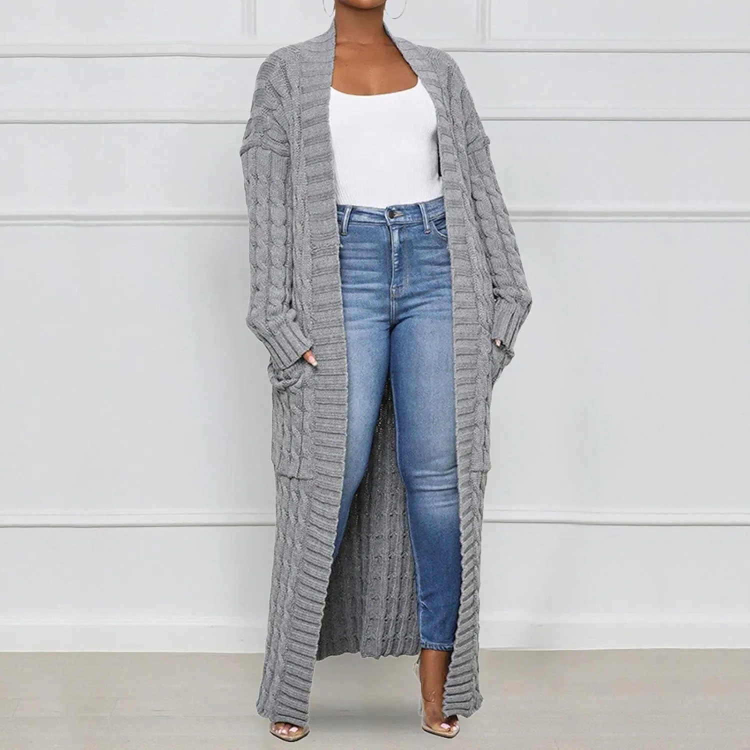 Long Cardigan for Women Long Sleeve Cable Knit Loose Plain Fall Winter Trench Coat with Pocket Autumn Outwear Spring