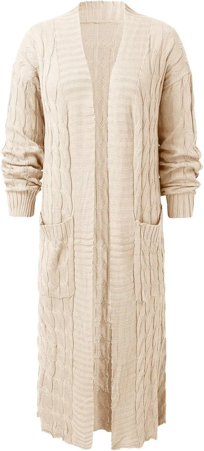 Long Cardigan for Women Long Sleeve Cable Knit Loose Plain Fall Winter Trench Coat with Pocket Autumn Outwear Spring