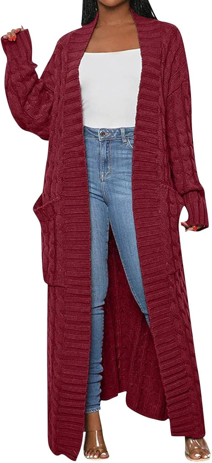 Long Cardigan for Women Long Sleeve Cable Knit Loose Plain Fall Winter Trench Coat with Pocket Casual Outwear Autumn Overcoat