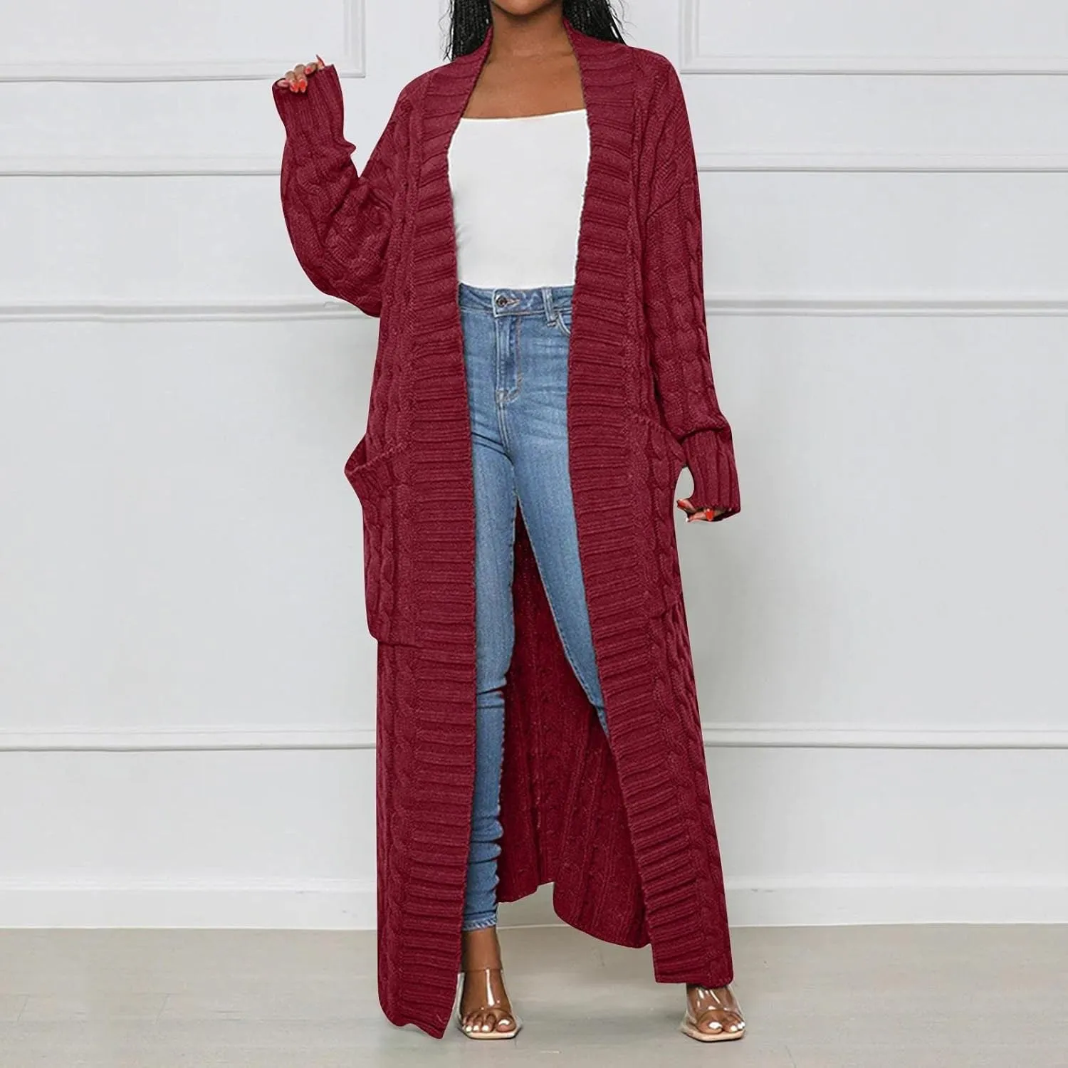 Long Cardigan for Women Long Sleeve Cable Knit Loose Plain Fall Winter Trench Coat with Pocket Casual Outwear Autumn Overcoat