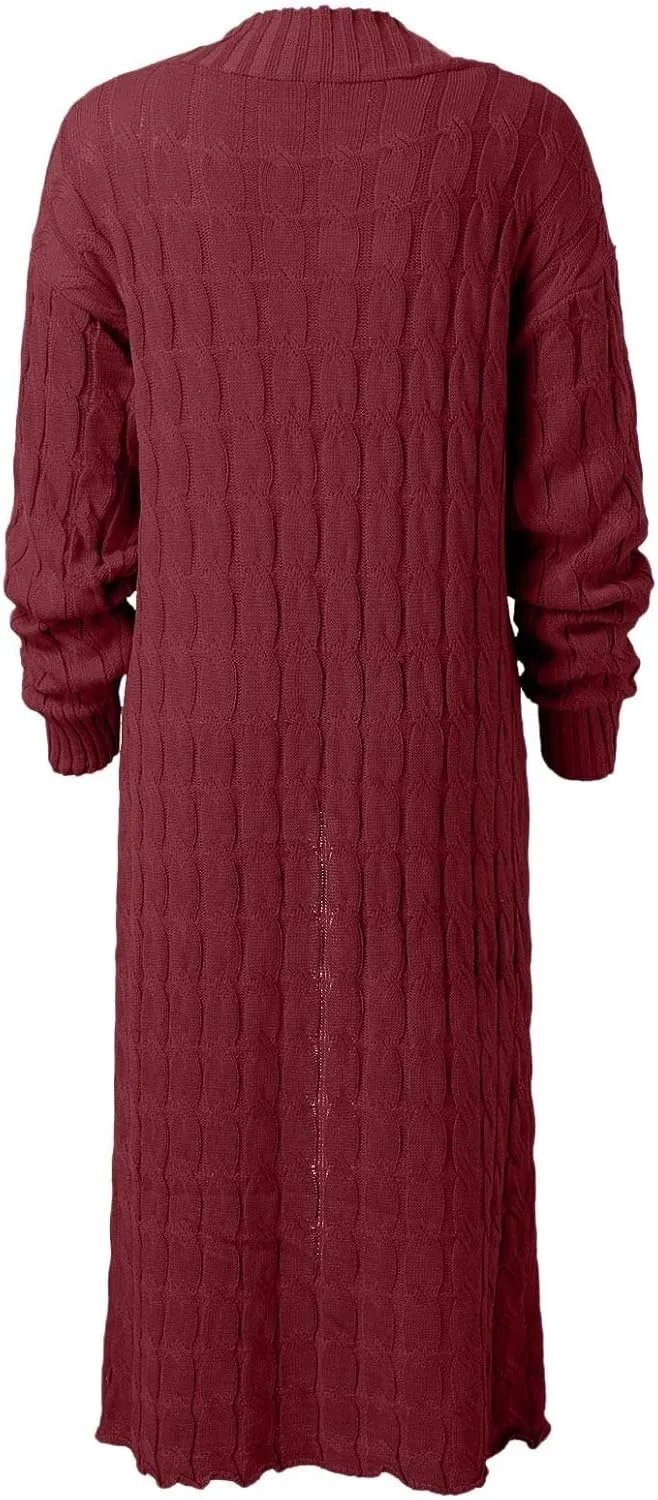 Long Cardigan for Women Long Sleeve Cable Knit Loose Plain Fall Winter Trench Coat with Pocket Casual Outwear Autumn Overcoat