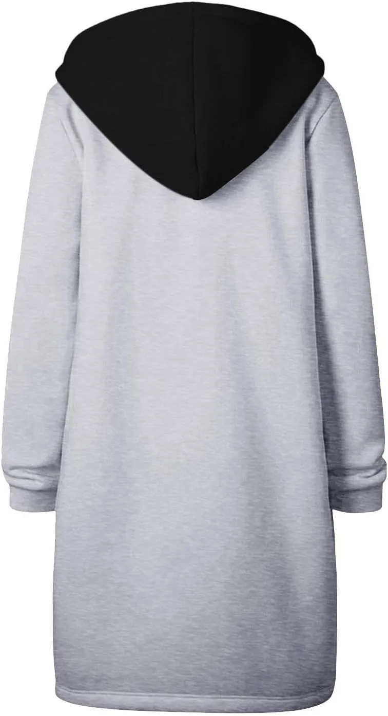 Long Jacket for Women Long Sleeve V Neck Full Zip Up Plain Trench Hooded Coat with Pocket Outerwear Fleece Zipper Autumn