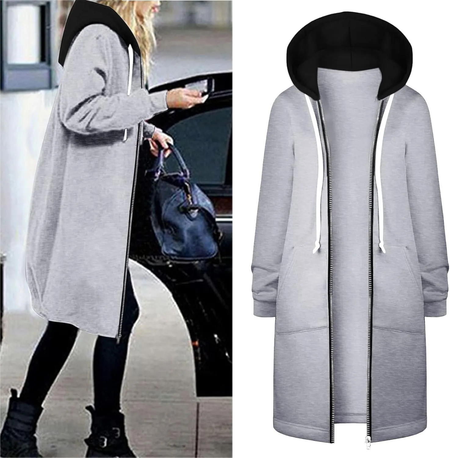 Long Jacket for Women Long Sleeve V Neck Full Zip Up Plain Trench Hooded Coat with Pocket Outerwear Fleece Zipper Autumn