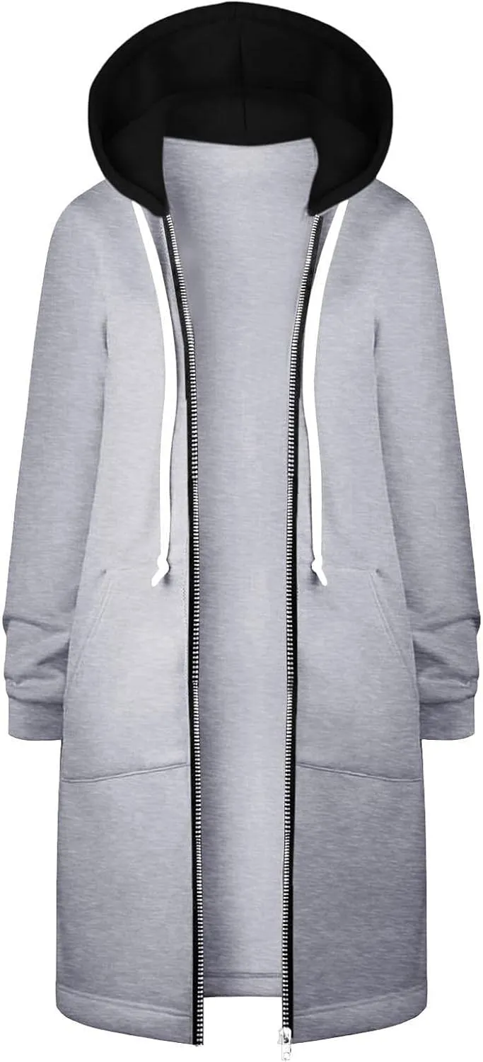 Long Jacket for Women Long Sleeve V Neck Full Zip Up Plain Trench Hooded Coat with Pocket Outerwear Fleece Zipper Autumn