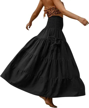 Long Maxi Skirts for Women Boho Solid High Waisted Casual A Line Skirt Pleated Beach Flowy Swing Midi Skirt