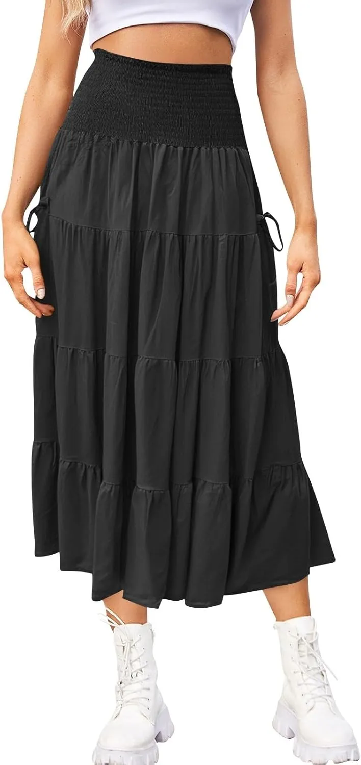 Long Maxi Skirts for Women Boho Solid High Waisted Casual A Line Skirt Pleated Beach Flowy Swing Midi Skirt