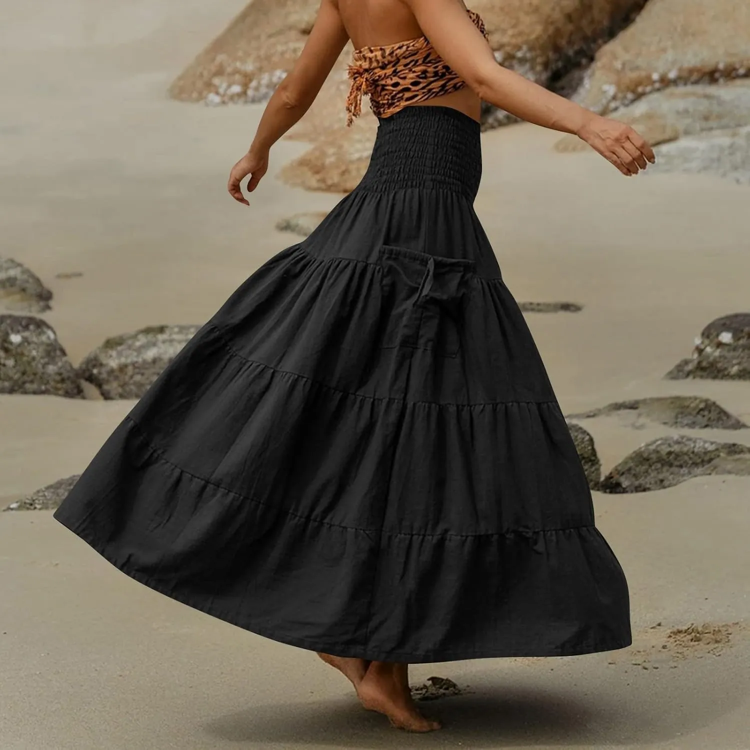 Long Maxi Skirts for Women Boho Solid High Waisted Casual A Line Skirt Pleated Beach Flowy Swing Midi Skirt