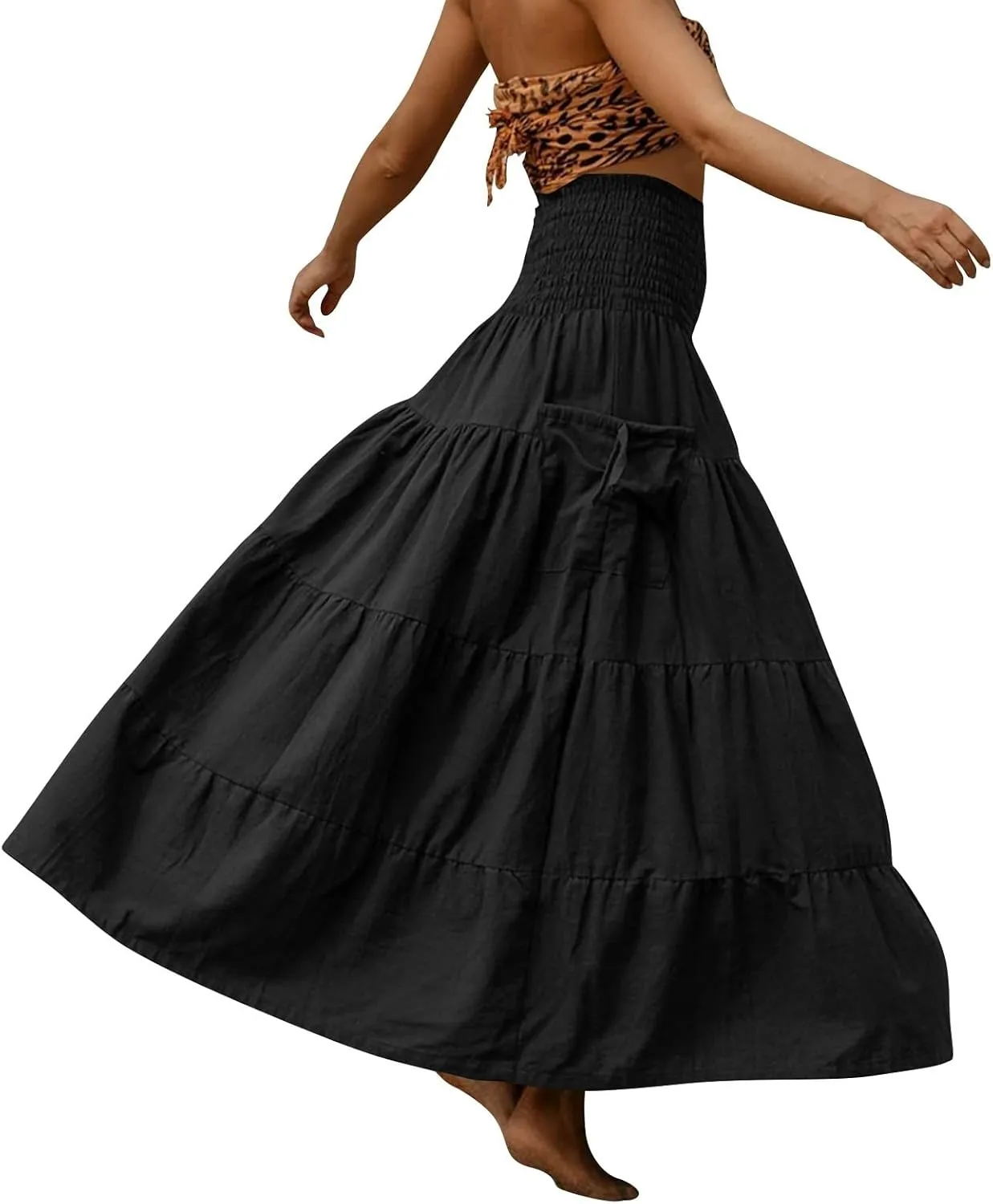 Long Maxi Skirts for Women Boho Solid High Waisted Casual A Line Skirt Pleated Beach Flowy Swing Midi Skirt