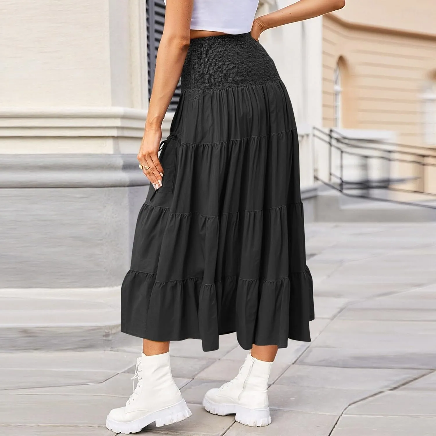 Long Maxi Skirts for Women Boho Solid High Waisted Casual A Line Skirt Pleated Beach Flowy Swing Midi Skirt