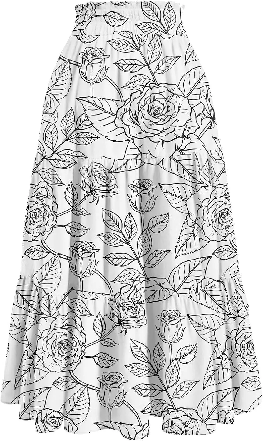 Long Skirts for Women Maxi Boho Summer Floral Print A Line Skirts Drawstring Elastic High Waist Pleated Tiered Skirt