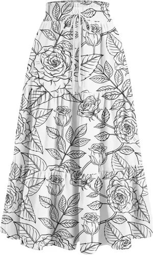 Long Skirts for Women Maxi Boho Summer Floral Print A Line Skirts Drawstring Elastic High Waist Pleated Tiered Skirt