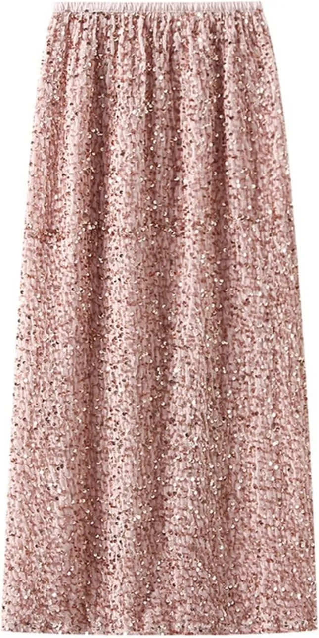 Long Skirts for Women Summer Sequin Printed Long Pleated Ruffle Skirts High Waist Nightgrom Party Skirts