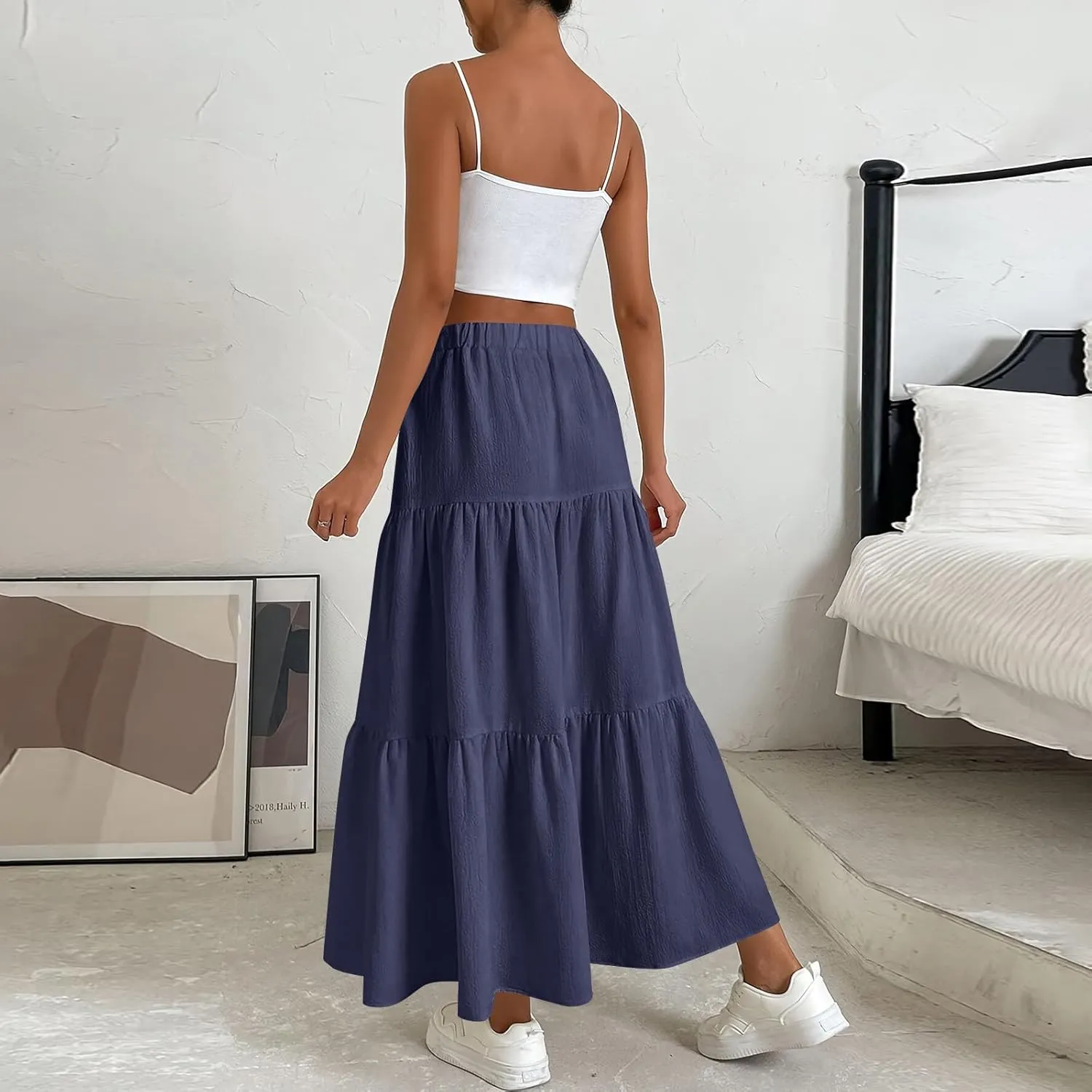 Long Skirts for Women Trendy High Waisted Tiered A Line Linen Skirt Casual Flowy Pleated Beach Maxi Skirts with Tie