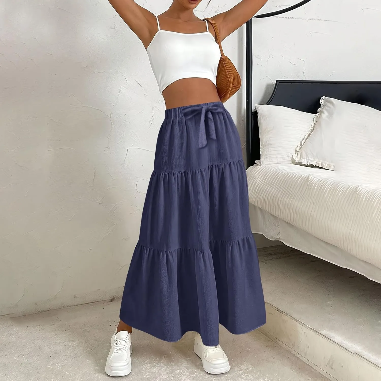 Long Skirts for Women Trendy High Waisted Tiered A Line Linen Skirt Casual Flowy Pleated Beach Maxi Skirts with Tie