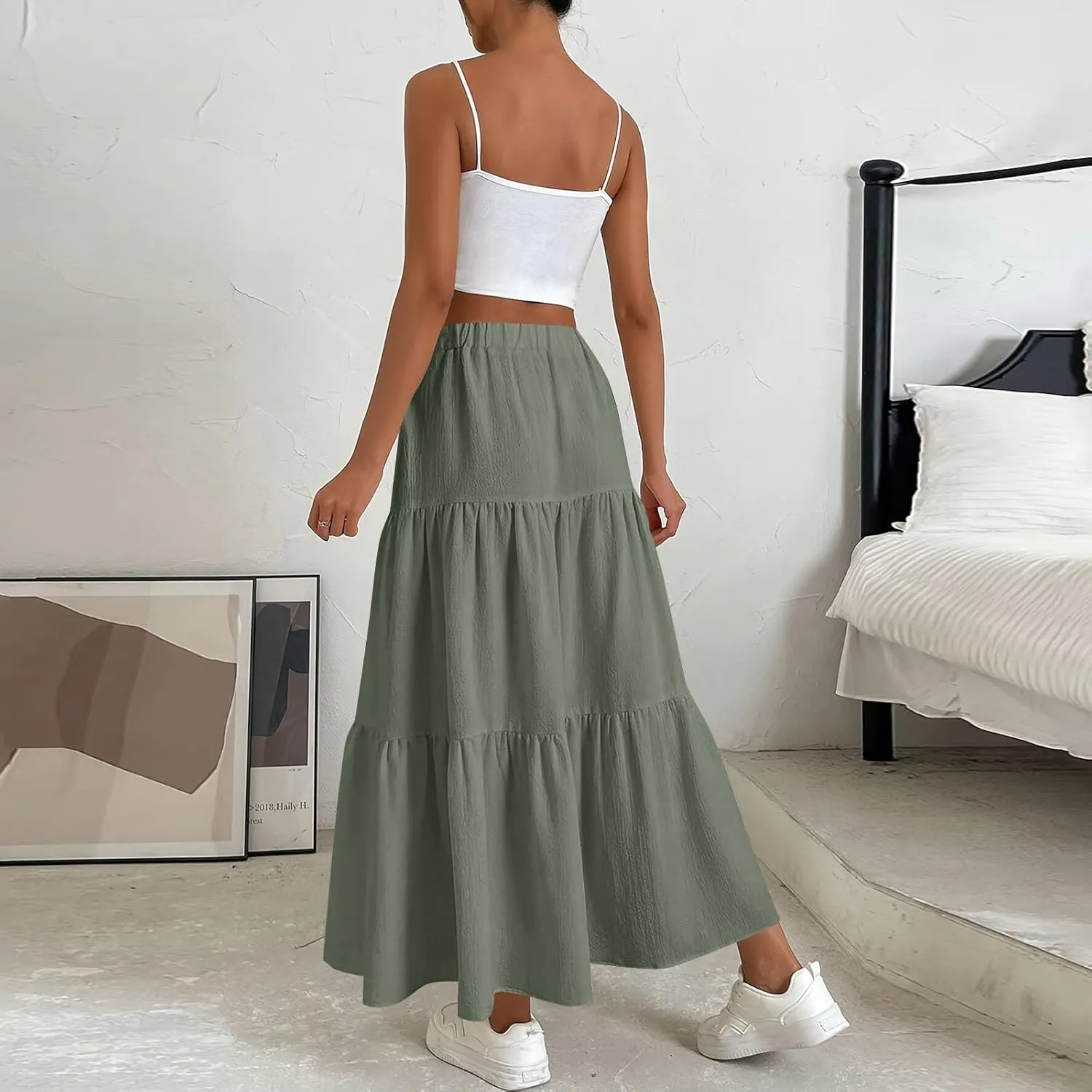 Long Skirts for Women Trendy High Waisted Tiered A Line Linen Skirt Casual Flowy Pleated Beach Maxi Skirts with Tie